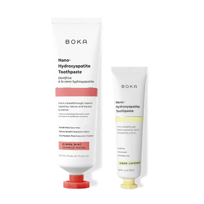 Home & Away: Two Boka toothpaste tubes with nano-hydroxyapatite, shown on a white background.