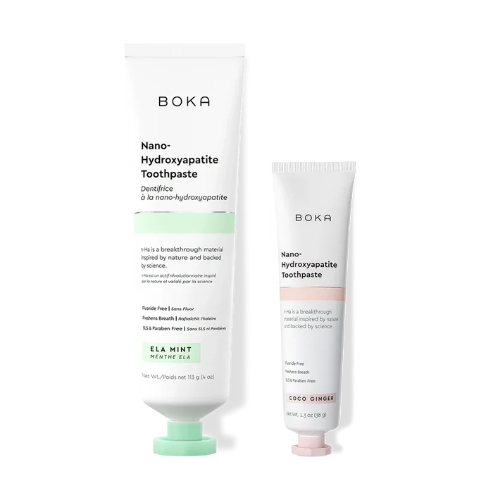 Home & Away: Two Boka toothpaste tubes with nano-hydroxyapatite, shown on a white background.