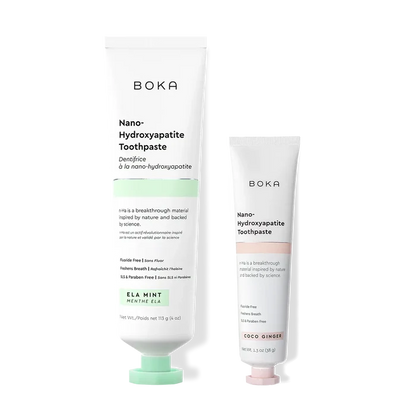 Home & Away: Two Boka toothpaste tubes with nano-hydroxyapatite, shown on a white background.
