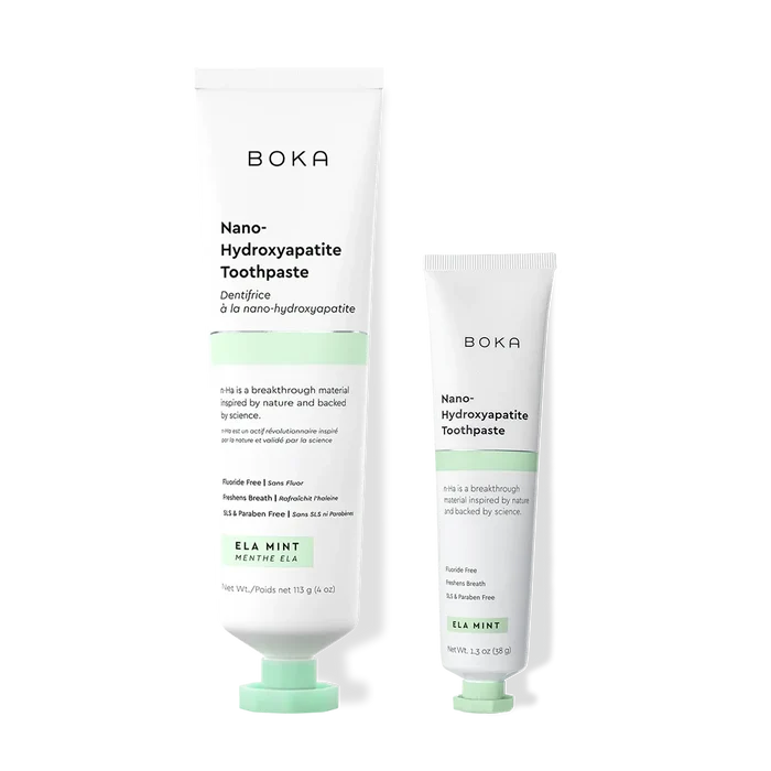 Home & Away: Two Boka toothpaste tubes with nano-hydroxyapatite, shown on a white background.