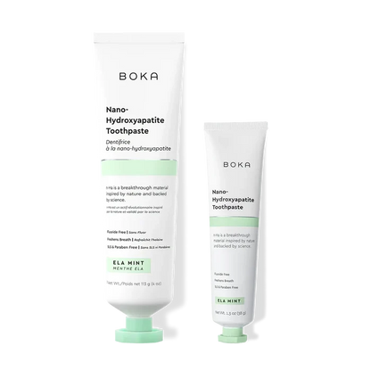 Home & Away: Two Boka toothpaste tubes with nano-hydroxyapatite, shown on a white background.