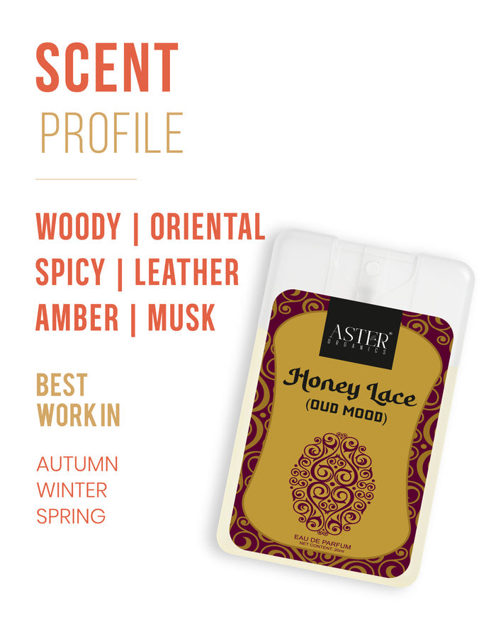 Pocket-sized 20ml Honey Lace Oud perfume bottle with ornate lace detailing.