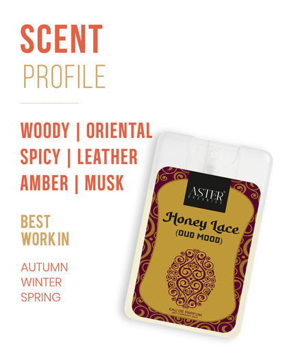 Pocket-sized 20ml Honey Lace Oud perfume bottle with ornate lace detailing.