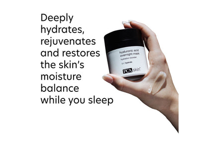 Hand holding a jar of Hyaluronic Acid Overnight Mask | PCA Skin with text describing its benefits of deeply hydrating, rejuvenating, and restoring the skin’s moisture balance during sleep.