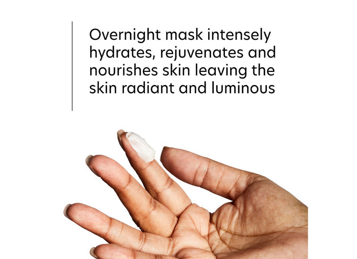 Close-up of a hand holding a small amount of creamy skincare product with description highlighting how the Hyaluronic Acid Overnight Mask | PCA Skin intensely hydrates, rejuvenates, and nourishes skin for a radiant, luminous appearance.
