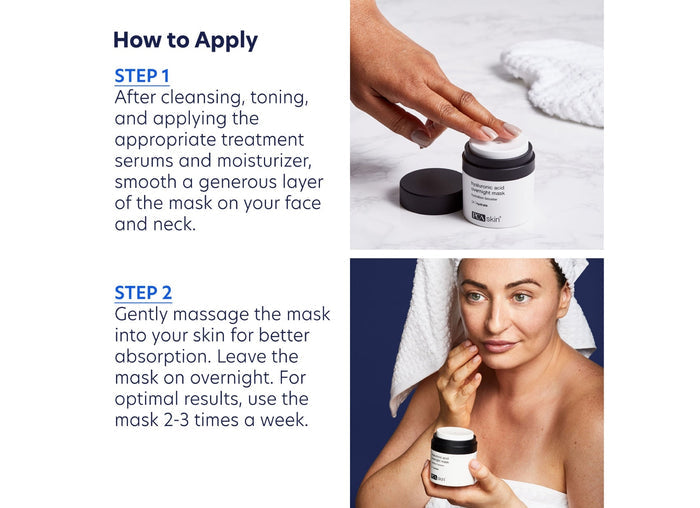 Person applying Hyaluronic Acid Overnight Mask | PCA Skin to face showing product texture, with instructions for nighttime skincare routine and gentle massage for absorption.
