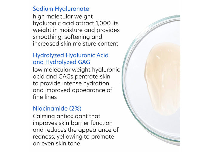 Close-up of a creamy skincare product in a clear dish alongside text describing the ingredients and benefits of Hyaluronic Acid Overnight Mask | PCA Skin, highlighting hydration and skin barrier support.