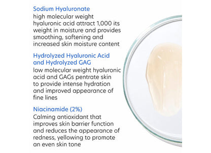 Close-up of a creamy skincare product in a clear dish alongside text describing the ingredients and benefits of Hyaluronic Acid Overnight Mask | PCA Skin, highlighting hydration and skin barrier support.