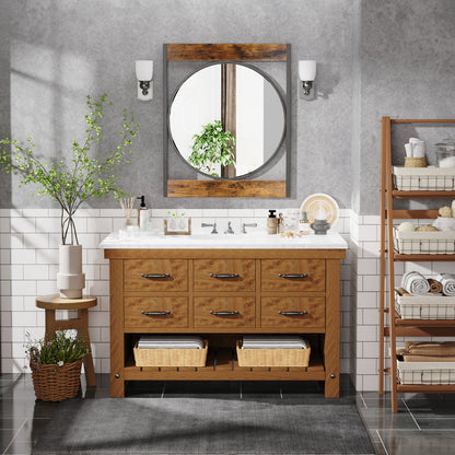 Industrial Retro Metal Round Wall Mirror with Square  Wood Frame