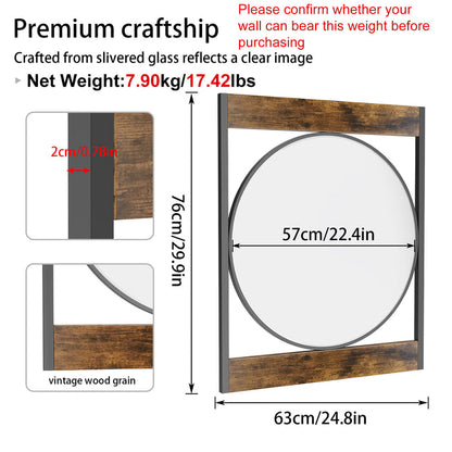 Industrial Retro Metal Round Wall Mirror with Square  Wood Frame