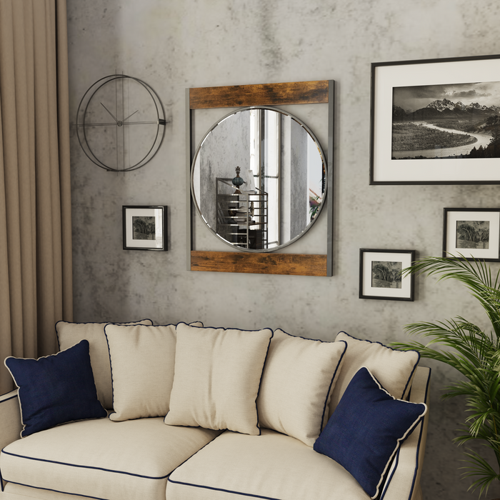 Industrial Retro Metal Round Wall Mirror with Square  Wood Frame