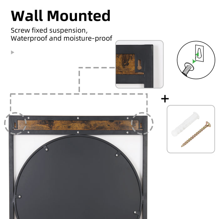 Industrial Retro Metal Round Wall Mirror with Square  Wood Frame
