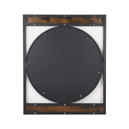 Industrial Retro Metal Round Wall Mirror with Square  Wood Frame