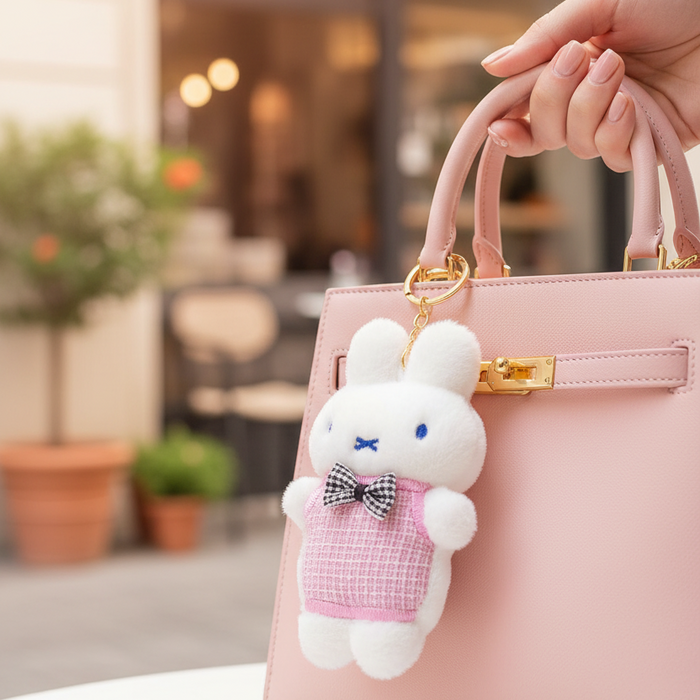 Kawaii Plush Bunny Keychain – Pastel Checkered Overalls Edition KC-73453M