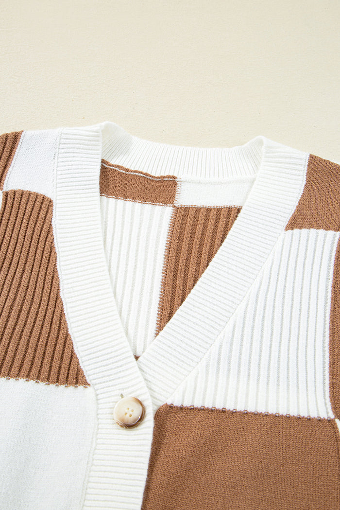 Khaki Checkered Pattern Ribbed Detail Button V Neck Sweater Cardigan
