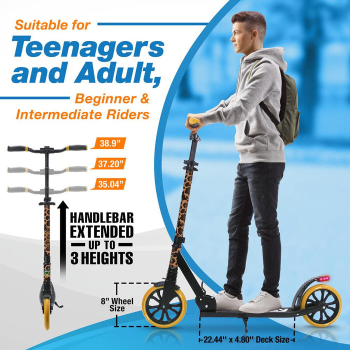 Kick Scooter for Teens & Adults, Foldable Alloy Deck, Leopard Design