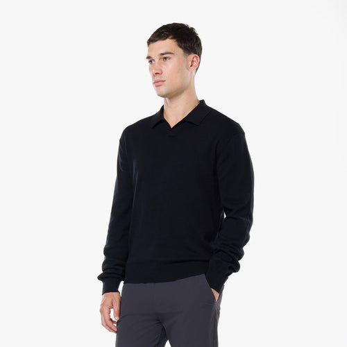 Knit Open Collar Long Sleeve Polo | Black