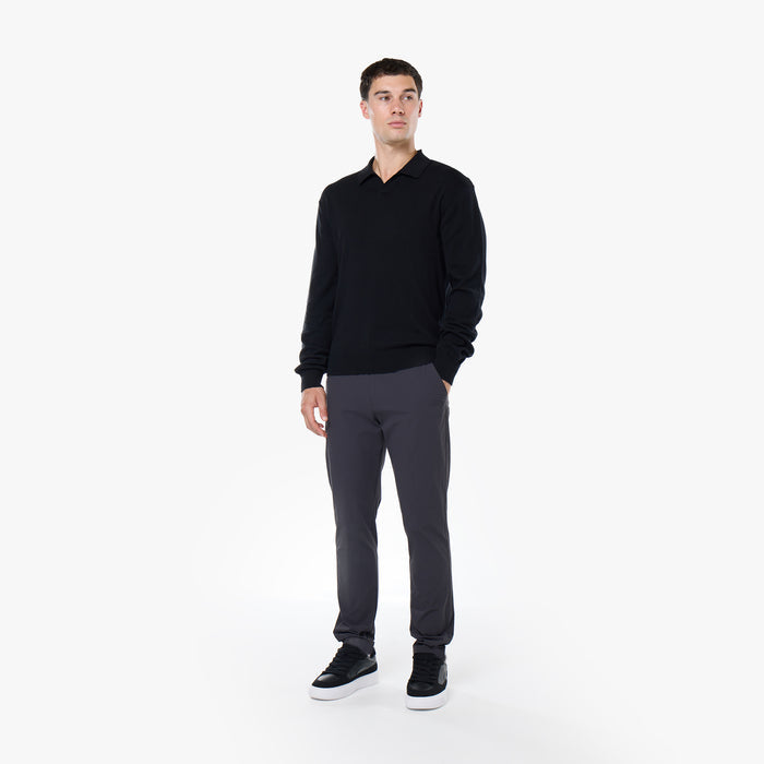 Knit Open Collar Long Sleeve Polo | Black