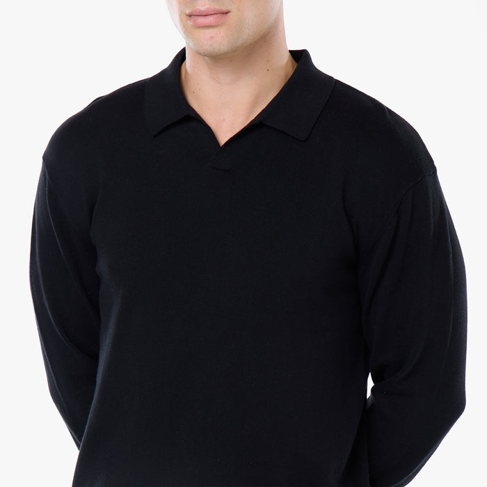 Knit Open Collar Long Sleeve Polo | Black