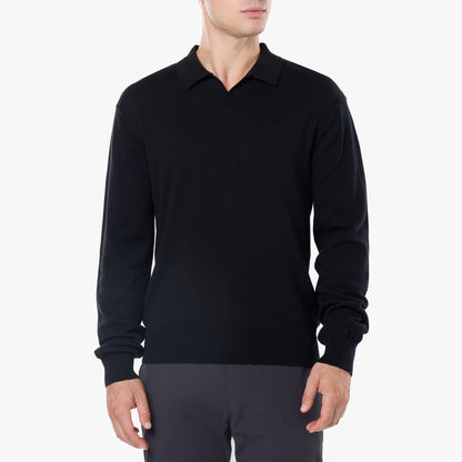 Knit Open Collar Long Sleeve Polo | Black