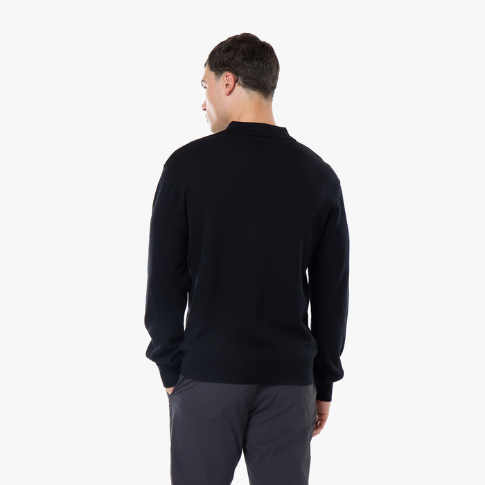 Knit Open Collar Long Sleeve Polo | Black