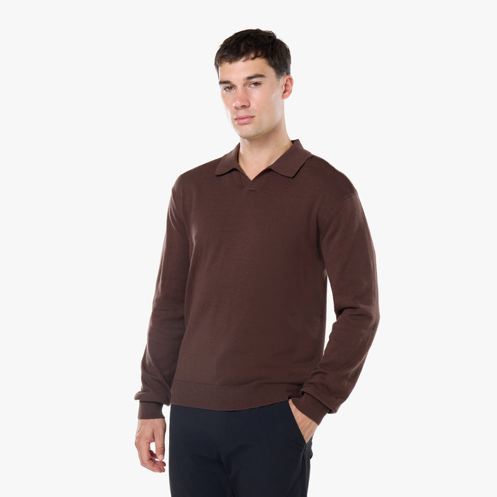Knit Open Collar Long Sleeve Polo | Dark Brown