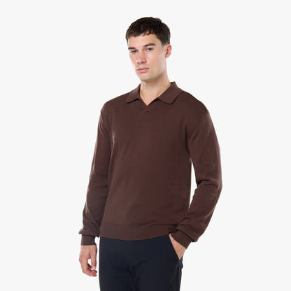 Knit Open Collar Long Sleeve Polo | Dark Brown