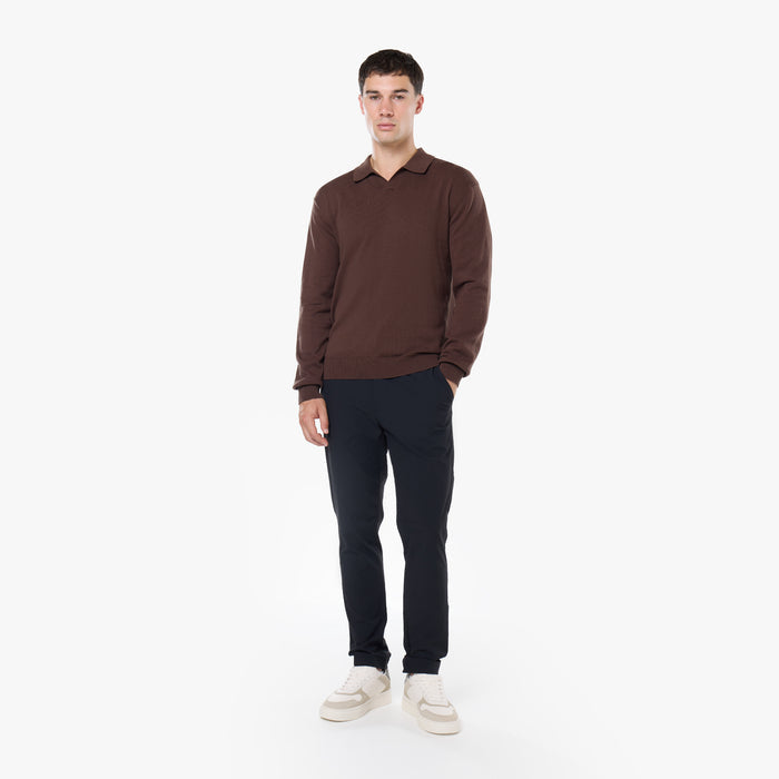 Knit Open Collar Long Sleeve Polo | Dark Brown