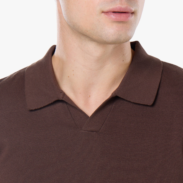 Knit Open Collar Long Sleeve Polo | Dark Brown