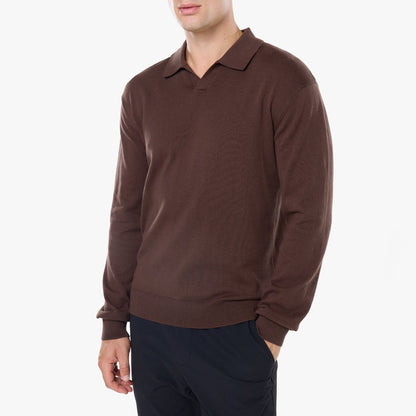 Knit Open Collar Long Sleeve Polo | Dark Brown