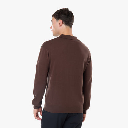 Knit Open Collar Long Sleeve Polo | Dark Brown