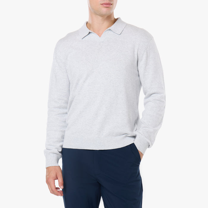 Knit Open Collar Long Sleeve Polo | Grey Marl