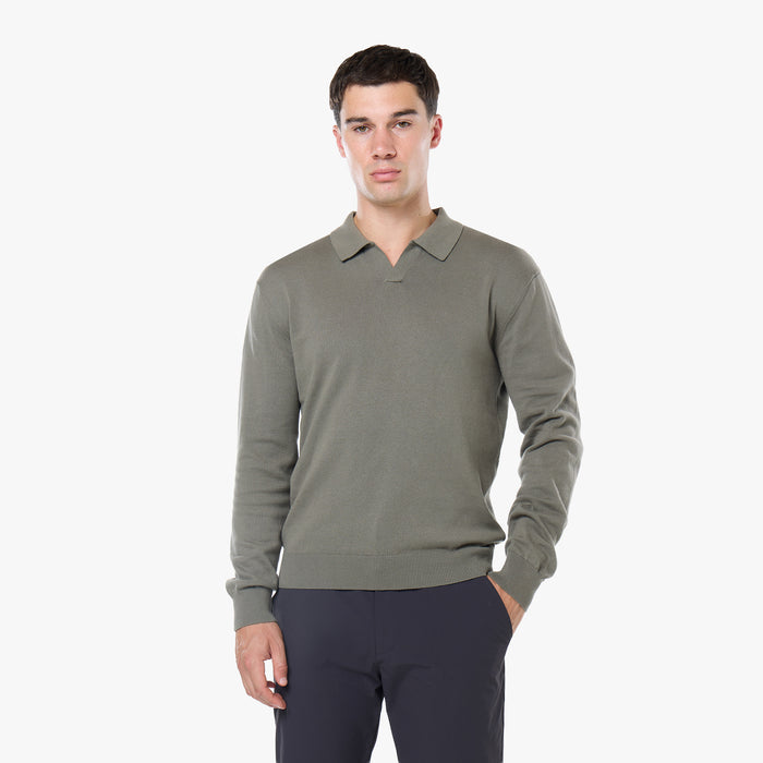 Knit Open Collar Long Sleeve Polo | Olive