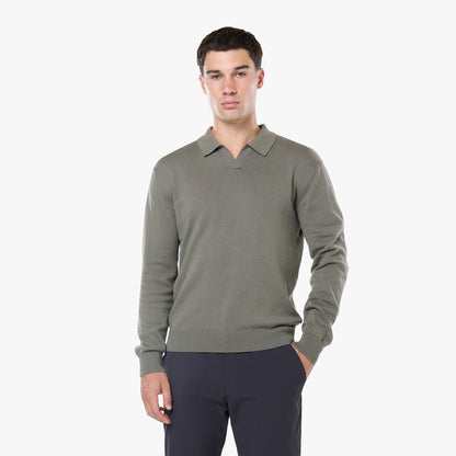 Knit Open Collar Long Sleeve Polo | Olive