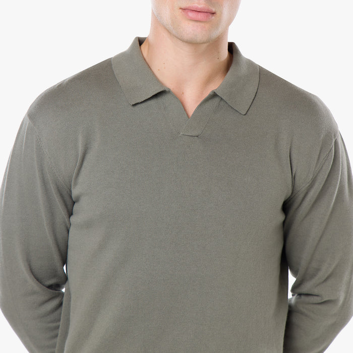 Knit Open Collar Long Sleeve Polo | Olive
