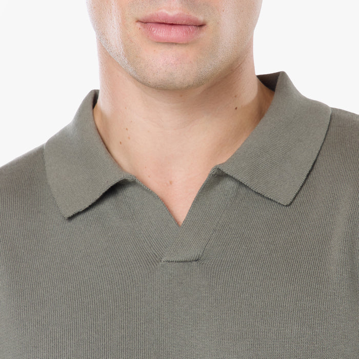 Knit Open Collar Long Sleeve Polo | Olive