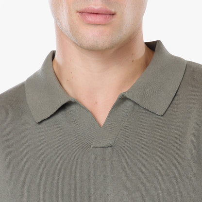 Knit Open Collar Long Sleeve Polo | Olive