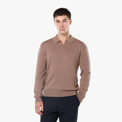 Knit Open Collar Long Sleeve Polo | Warm Brown