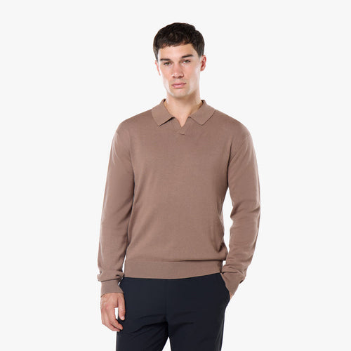 Knit Open Collar Long Sleeve Polo | Warm Brown