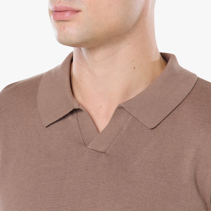 Knit Open Collar Long Sleeve Polo | Warm Brown