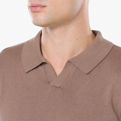 Knit Open Collar Long Sleeve Polo | Warm Brown