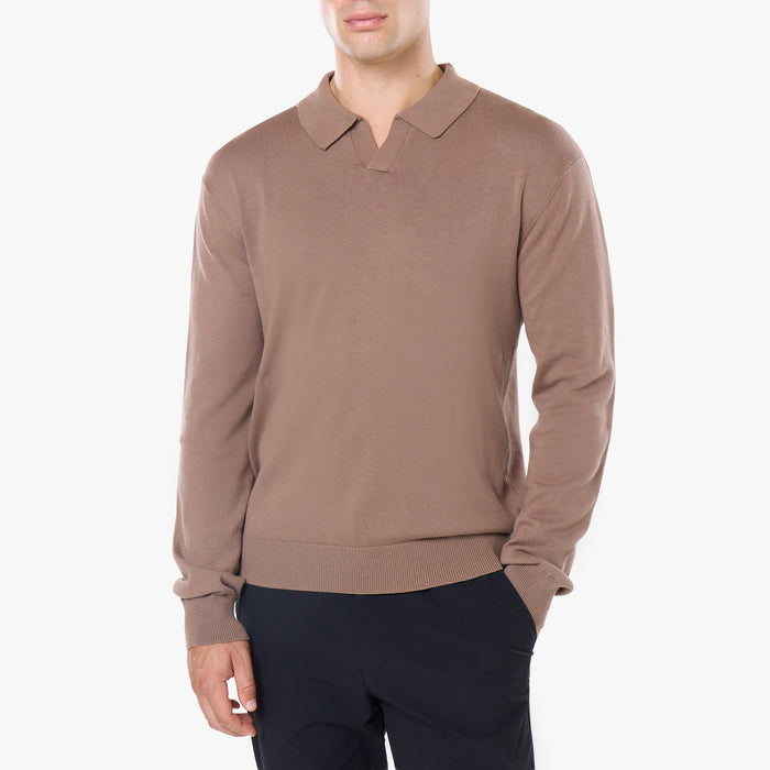 Knit Open Collar Long Sleeve Polo | Warm Brown