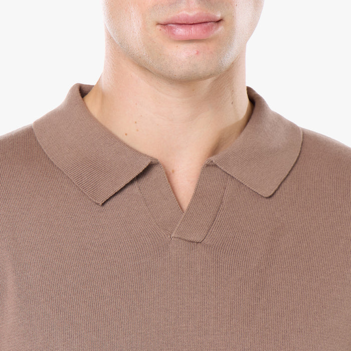 Knit Open Collar Long Sleeve Polo | Warm Brown