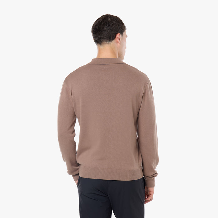 Knit Open Collar Long Sleeve Polo | Warm Brown