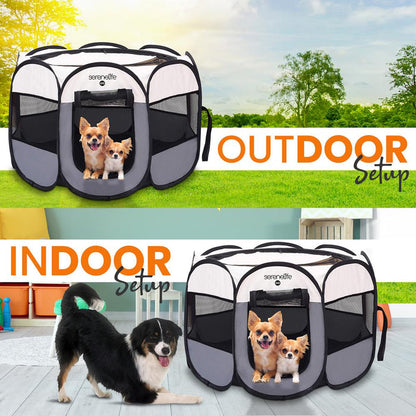 Large Portable And Foldable Pet Tent - Lightweight, Easily Collapsible, Play Yard Crib For Indoor & Outdoor Use With Portable Folding Pet Bowl (Gray)