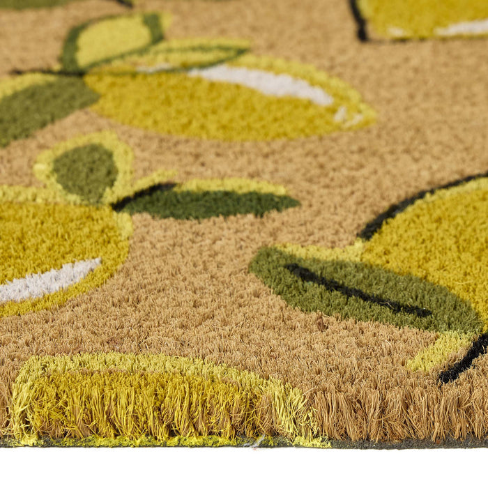 Close-Up of Lemons Coir Doormat showing pile height and yellow lemon pattern.