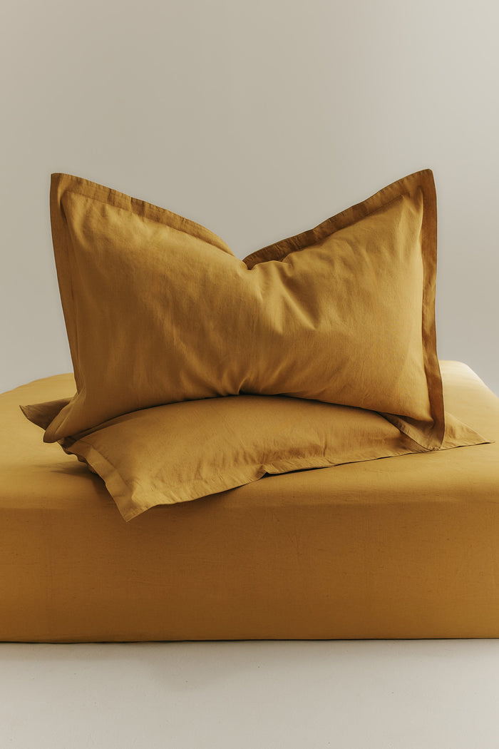 Linen Fitted Sheet and Pillowcase Set in Mustard Gold