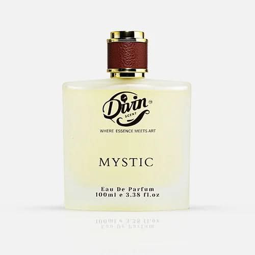 A 100ml bottle of Divin Scent Mystic Eau De Parfum with a frosted glass body, golden rim, and brown leather-textured cap, showcasing an elegant minimalist design