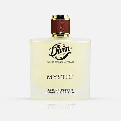 A 100ml bottle of Divin Scent Mystic Eau De Parfum with a frosted glass body, golden rim, and brown leather-textured cap, showcasing an elegant minimalist design