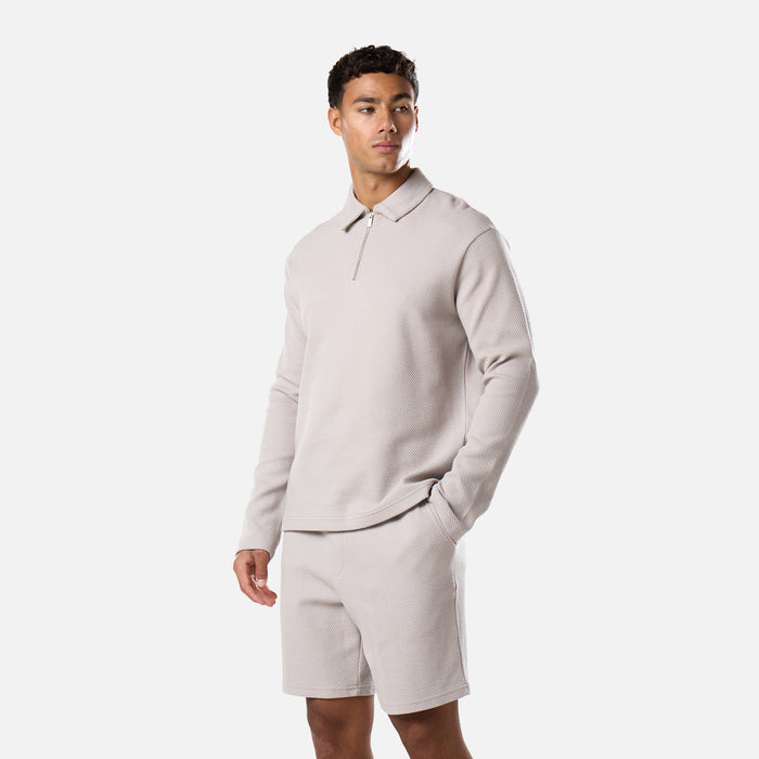 Long Sleeve Textured Polo Twinset | Stone